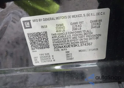 2019 Chevrolet Equinox Lt from USA, damaged, VIN 3GNAXUEV3KL374367